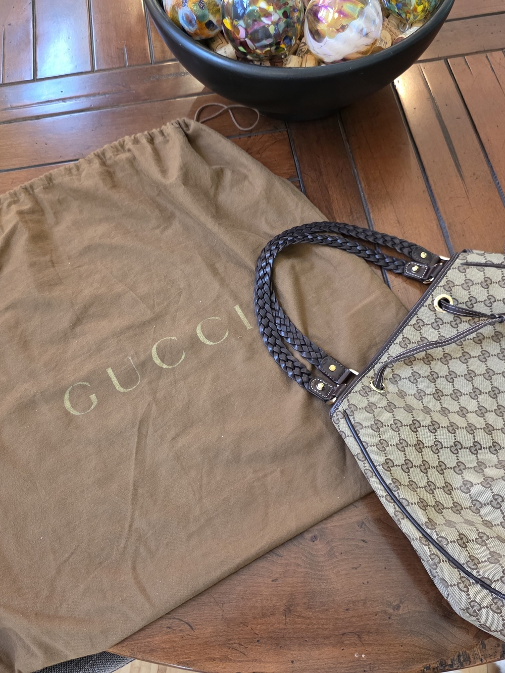 Gucci Beige GG Canvas Tote with Brown Braided Handles